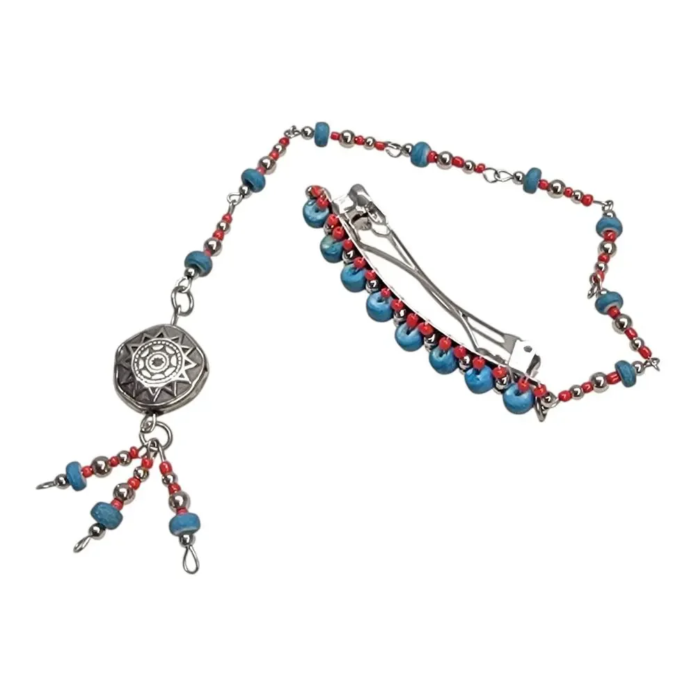 Vintage Southwestern Beaded Hair Clip Barrette Dangle Chain Sunburst Charm
